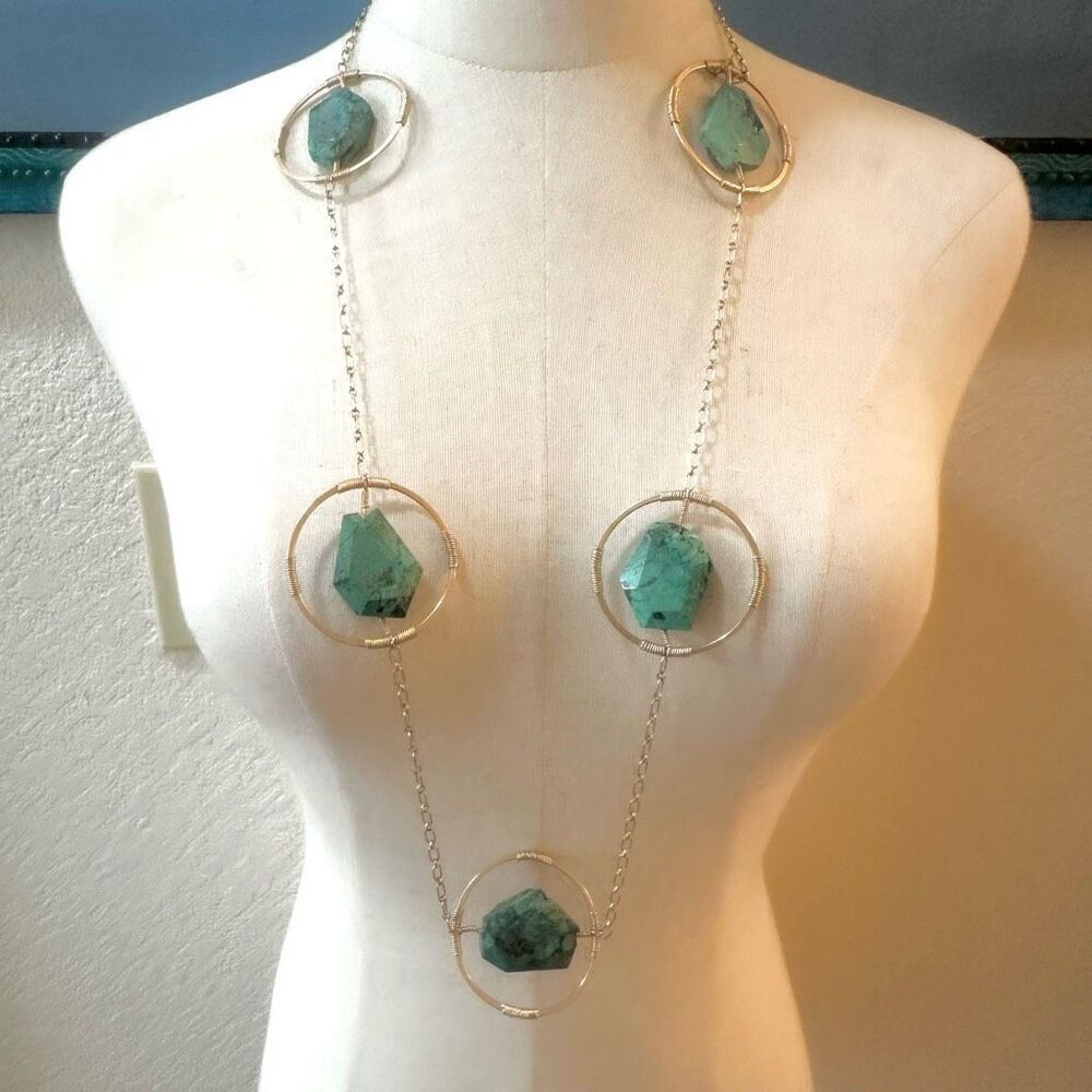 Double Happiness turquoise and gold tone long necklace